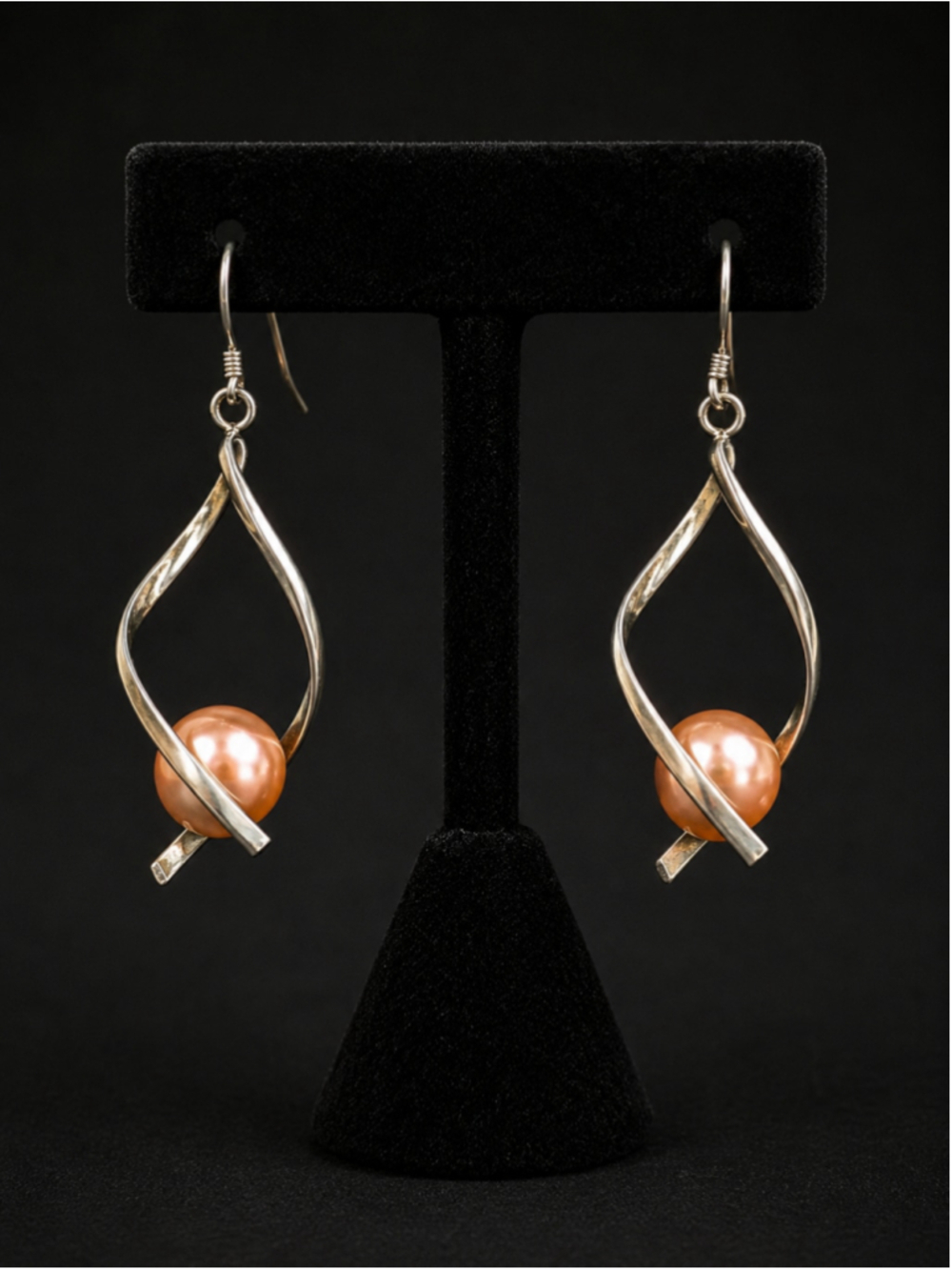 925 Sterling Silver Modernist Twist Dangle Earrings Peach Pearl Bead Drop